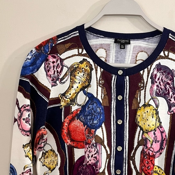 Talbots Petites Tea Party Print Classic Cardigan Sweater - Picture 3 of 16
